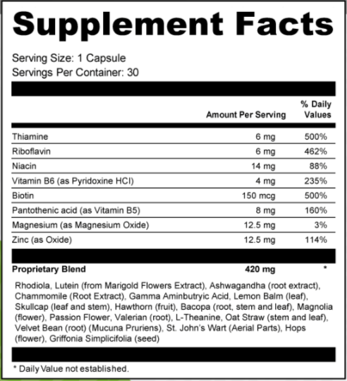 VidaCalm Supplement Facts
